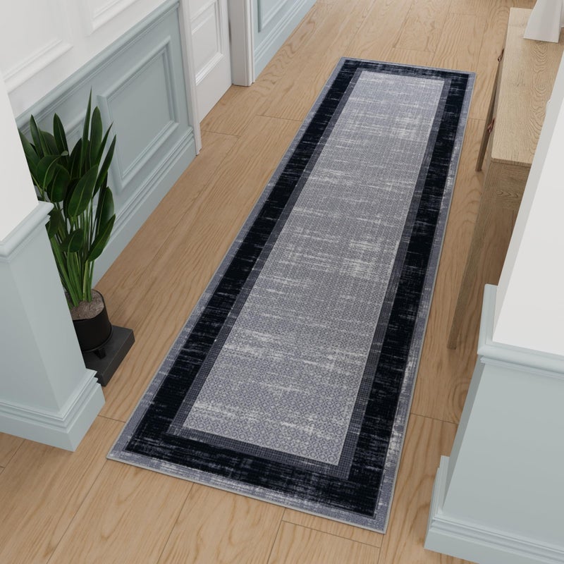Ottomanson Ottomanson Hallway Runner Rug 27 x 910 Non Slip Border Area Rugs Easy to Clean Laundry Rug Runner Durable  Pet Friendly Floor Carpet Runners for Hallways Entryway Living Room Kitchen GrayNavy