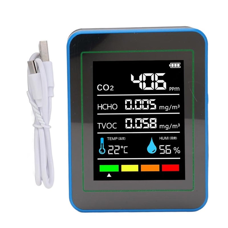 AUNMAS Air Quality Monitor, CO2 TVOC HCHO Temperature Humidity Detection 1200mAh Long Battery Life Rechargeable Air Quality Real Time Detector (Black and Blue) - Image 1