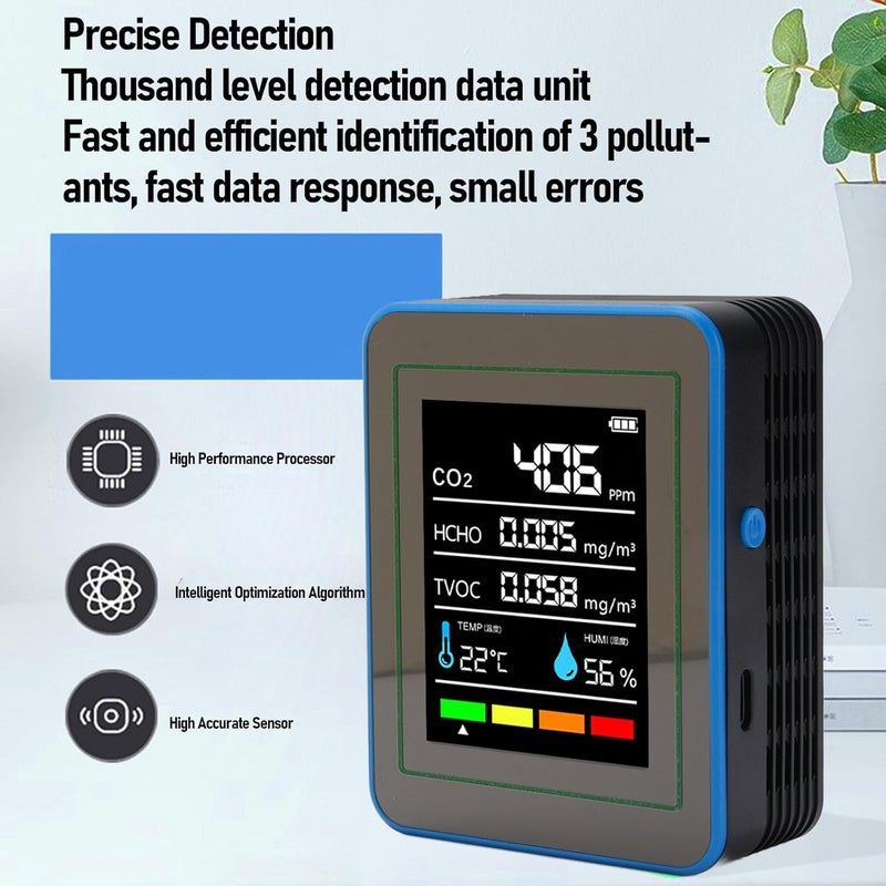 AUNMAS Air Quality Monitor, CO2 TVOC HCHO Temperature Humidity Detection 1200mAh Long Battery Life Rechargeable Air Quality Real Time Detector (Black and Blue) - Image 5