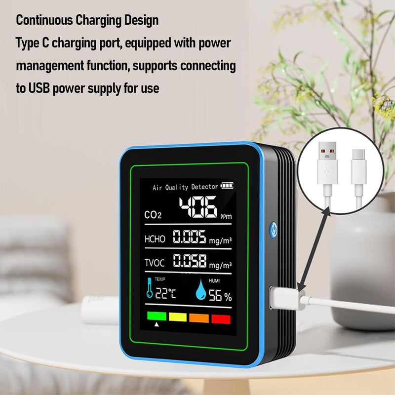 AUNMAS Air Quality Monitor, CO2 TVOC HCHO Temperature Humidity Detection 1200mAh Long Battery Life Rechargeable Air Quality Real Time Detector (Black and Blue) - Image 4