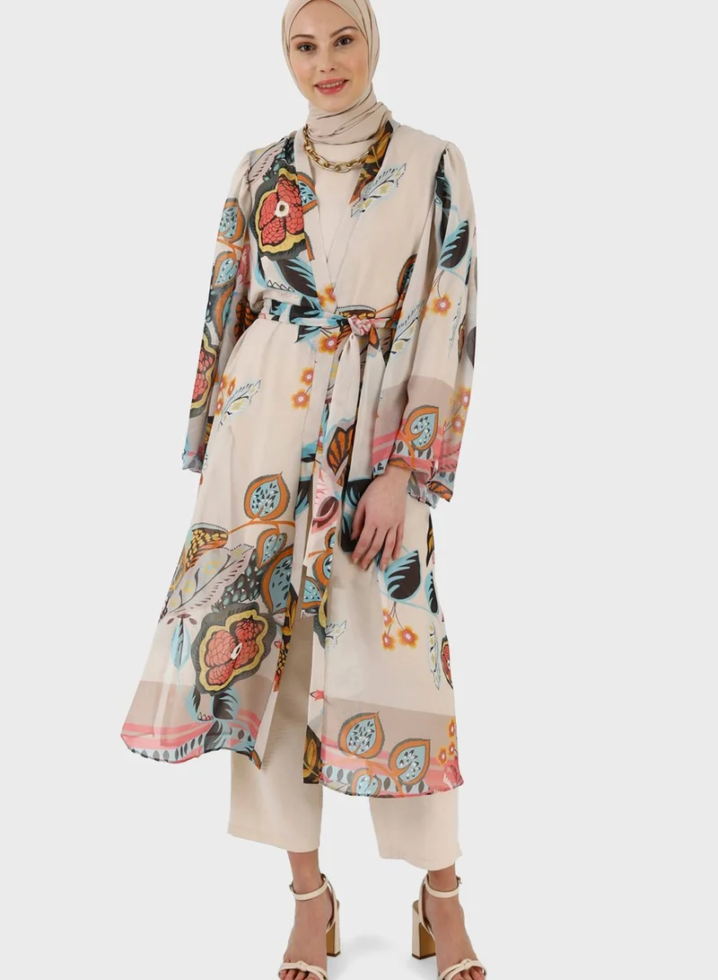 Refka by modanisa Belted Floral Print Kimono