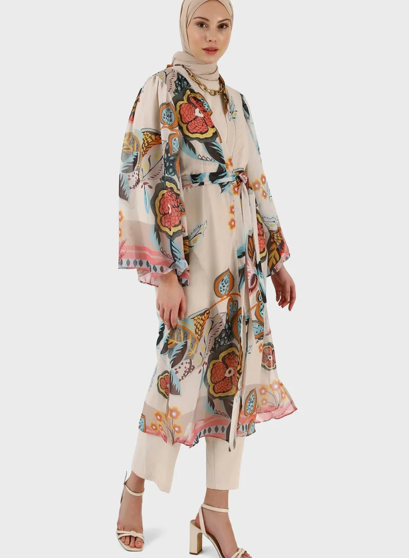 Refka by modanisa Belted Floral Print Kimono