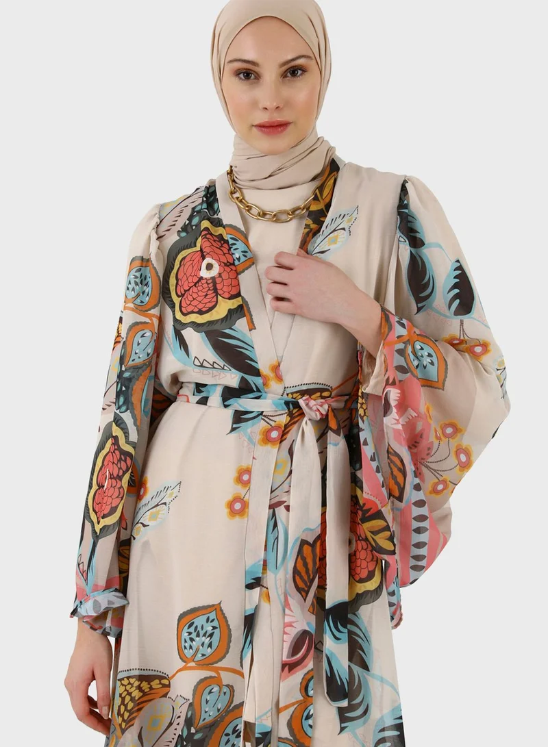 Refka by modanisa Belted Floral Print Kimono