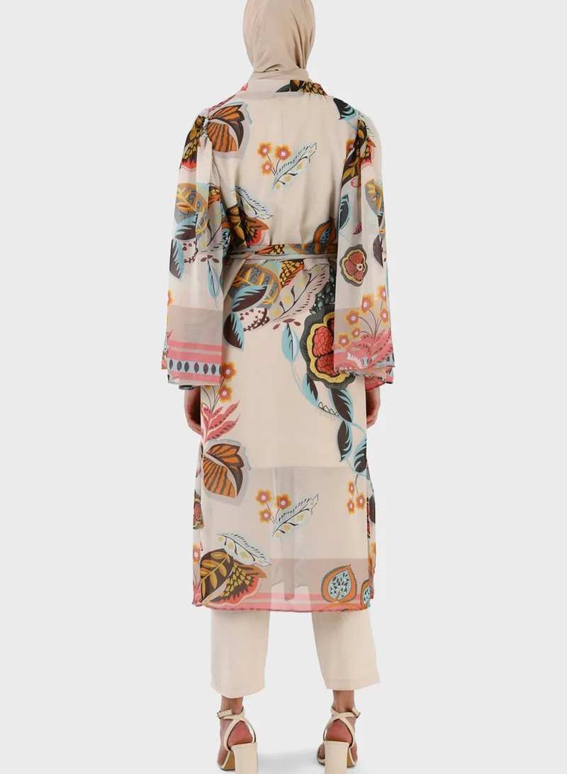 Refka by modanisa Belted Floral Print Kimono