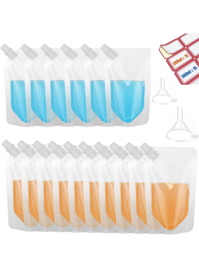 SANMUGEED 30 Pcs Plastic Drink Pouches and 2 Pcs Funnel, Juice Pouch Bags Leak Proof with Spouts and Sticker (15x300ml, 15x500ml) - Image 1