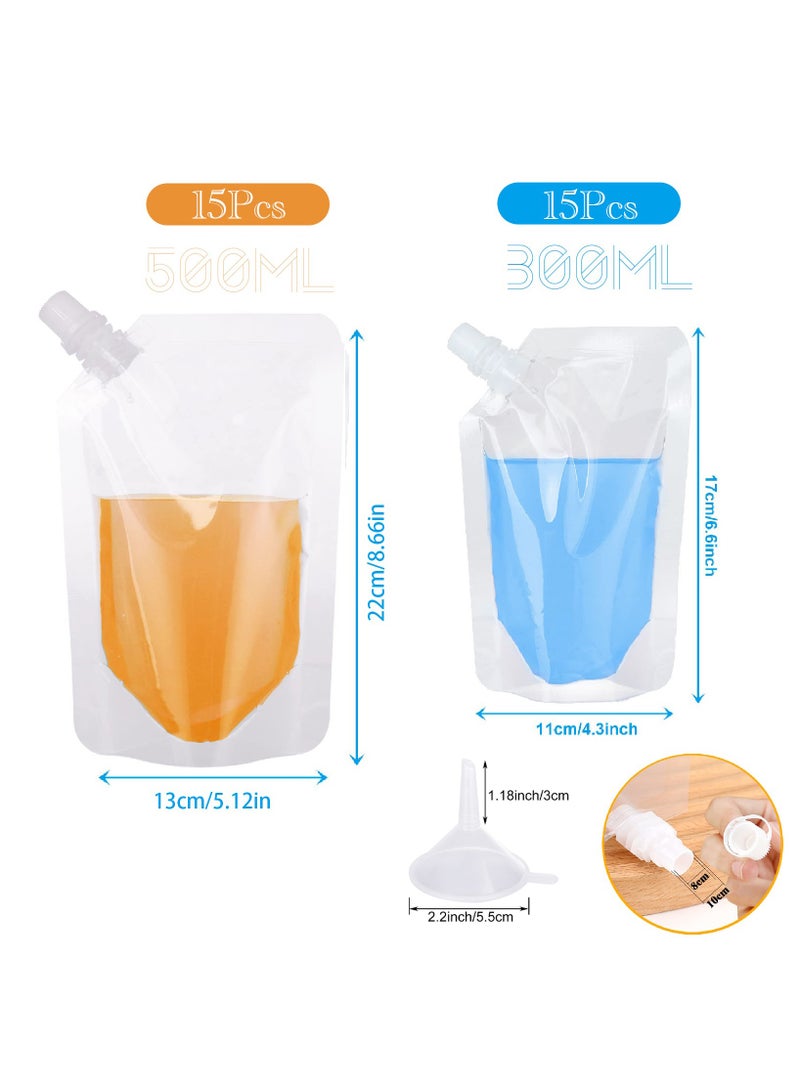 SANMUGEED 30 Pcs Plastic Drink Pouches and 2 Pcs Funnel, Juice Pouch Bags Leak Proof with Spouts and Sticker (15x300ml, 15x500ml) - Image 2