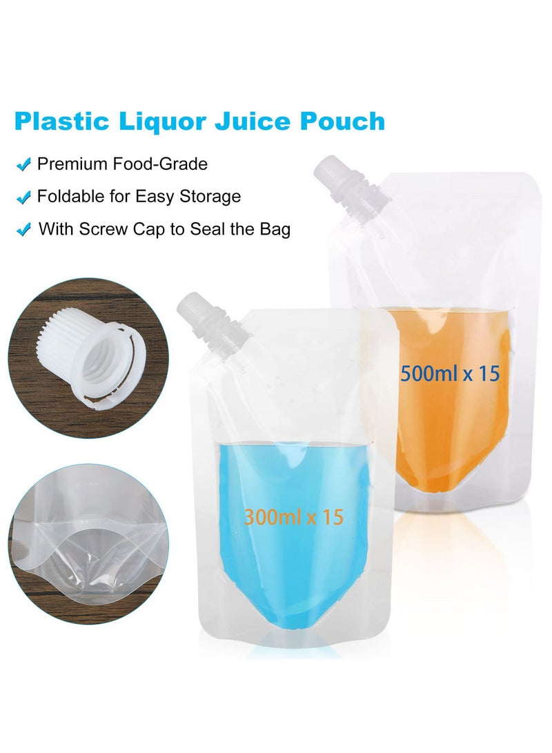 SANMUGEED 30 Pcs Plastic Drink Pouches and 2 Pcs Funnel, Juice Pouch Bags Leak Proof with Spouts and Sticker (15x300ml, 15x500ml) - Image 4