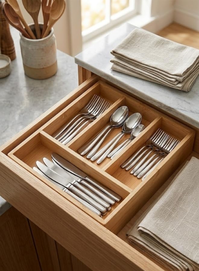 Premium Bamboo Kitchen Drawer Organizer - 4-Compartment Flatware and Utensil Tray for Silverware, Spoons, Forks, and Knives - Eco-Friendly & Durable Cutlery Holder - Image 2