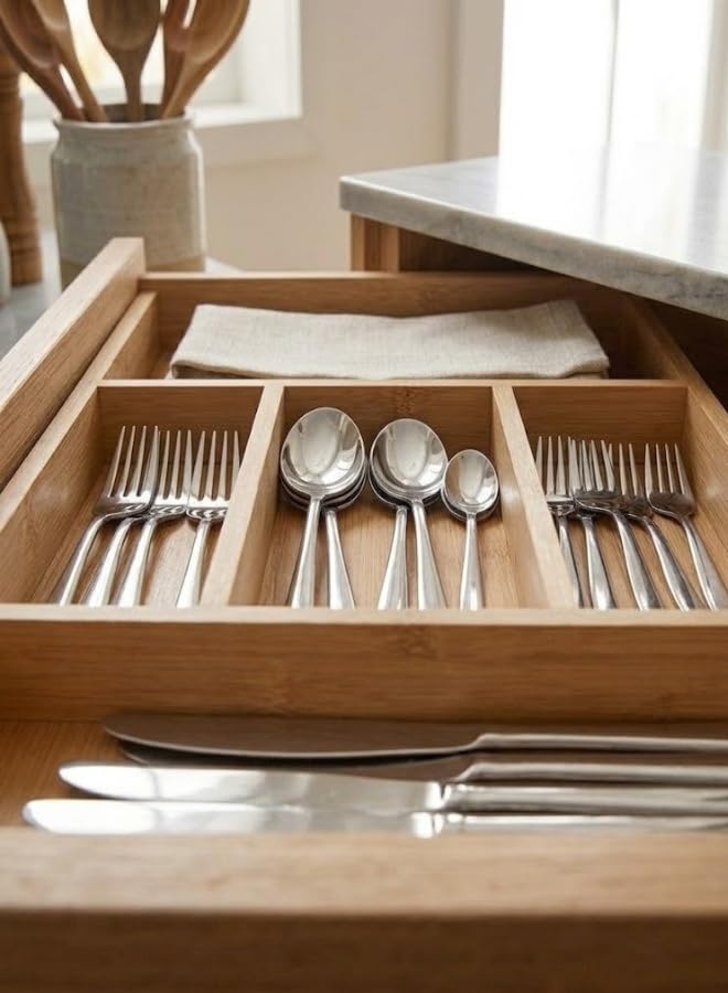 Premium Bamboo Kitchen Drawer Organizer - 4-Compartment Flatware and Utensil Tray for Silverware, Spoons, Forks, and Knives - Eco-Friendly & Durable Cutlery Holder - Image 1