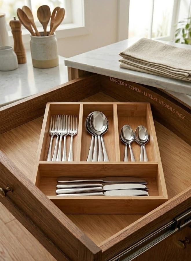 Premium Bamboo Kitchen Drawer Organizer - 4-Compartment Flatware and Utensil Tray for Silverware, Spoons, Forks, and Knives - Eco-Friendly & Durable Cutlery Holder - Image 3