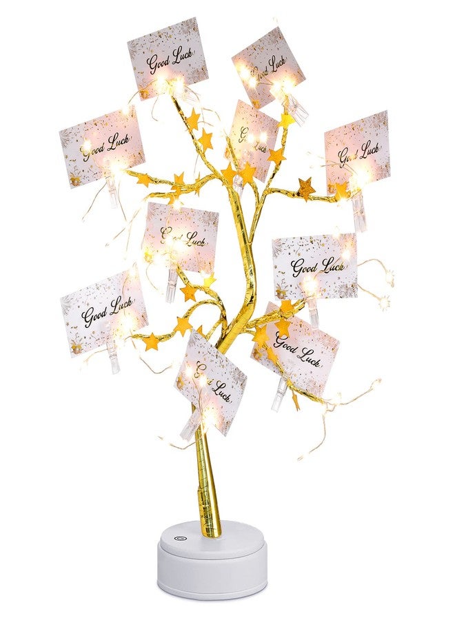 كوم حامل بطاقات هدايا شجرة المال من كومي، شجرة عرض مكتبية بطول 1.5 قدم مزودة بـ 72 مصباح LED و15 مشبكًا شفافًا وغصن من خشب البتولا الذهبي لعرض النقود وبطاقات الزفاف والصور وأعياد الميلاد - Image 1