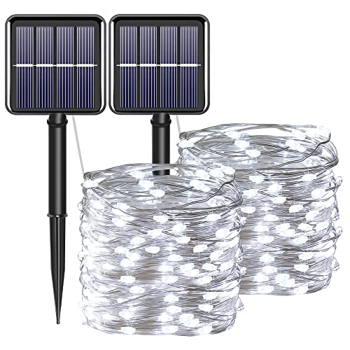 YAOZHOU Solar Fairy String Lights for Outside, Outdoor Waterproof, Cool White 2Pack Total 200LED 66Ft 8 Modes Mini Mini Small Solar Powered Lights for Christmas, Garden, Patio, Fence, Balcony - Image 1