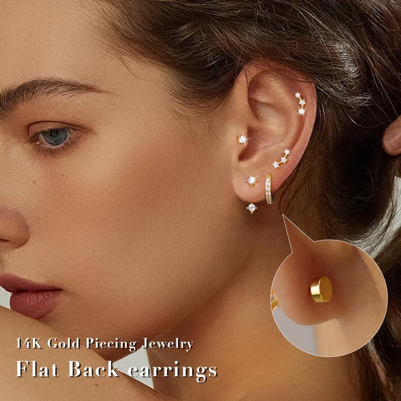 Poxtex Flat Back Cartilage Stud Earrings for Women, Gold Plated Piercing Jewelry for Tragus Helix Conch Rook, Flatback Studs Everyday Earrings Jacket Stacks - Image 4