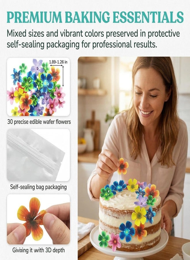 KOOTIPS Set of 30 Edible Cupcake Toppers Christmas Cake Topper Wedding Cake Birthday Party Food Decoration Mixed Size & Colour (Flower) - Image 3