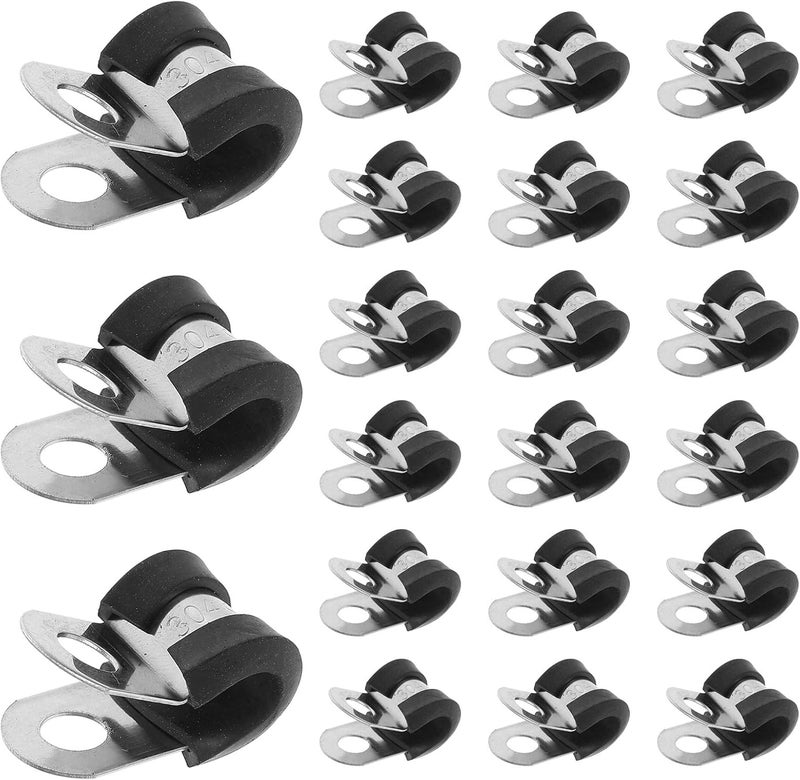 ABOOFAN 100pcs 304 Stainless Steel R-type Cable Clamps Plastic Cushion, 6mm Tube Strap Clamps for Pipe Repair and Electric Wire Fixing in Industrial Applications - Image 1
