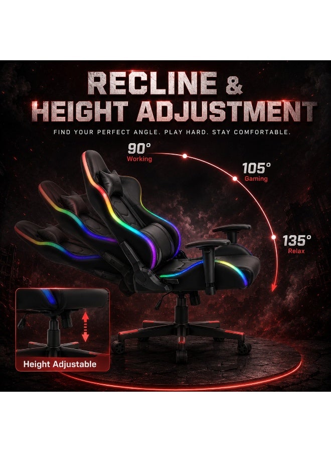 كرسي ألعاب بإضاءة RGB LED، إمالة من 90 إلى 135 درجة، ارتفاع ومساند ذراع قابلة للتعديل، جلد PU ووسادتا رأس وظهر - Image 4