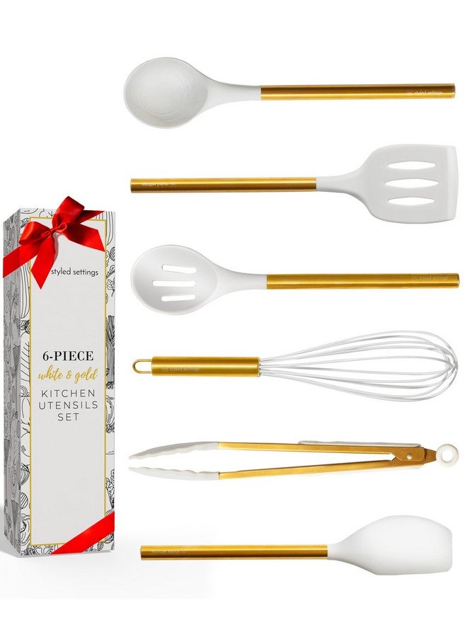 STYLED SETTINGS White & Gold 6-Piece Silicone Kitchen Utensils Set Cooking, Mixing, Serving & Preparing Tools - Image 1