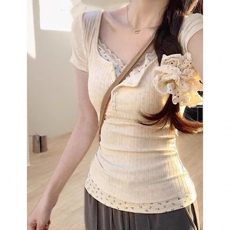 Pure Desire Floral Lace Two-Piece Short Sleeve Summer 2025 T-Shirt New Slim Fit Girl Short Top - Image 1