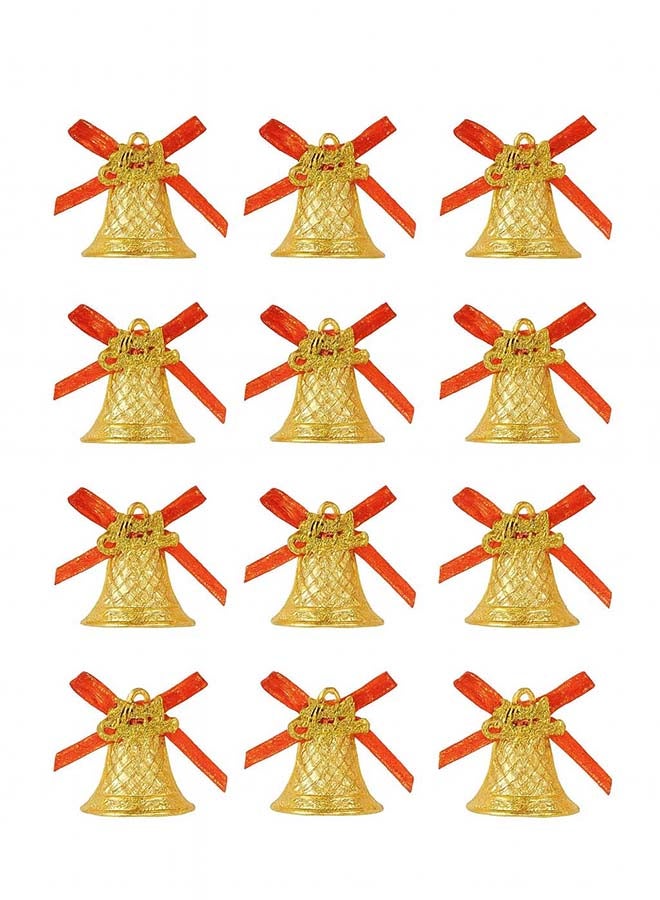 12pc Small Gold Bell-Shaped Christmas Tree Hanging Ornaments with Red Ribbon Bows - Image 1