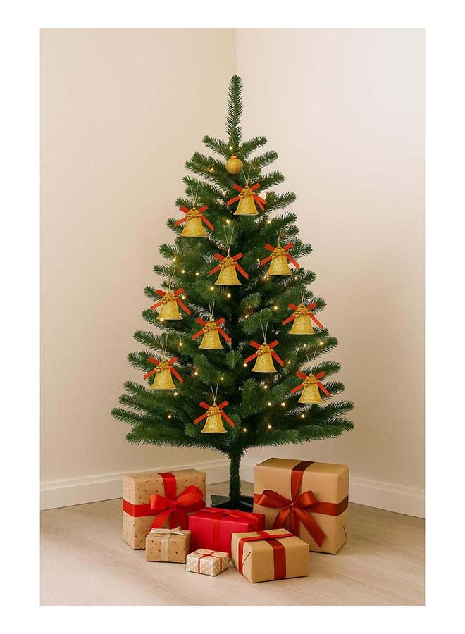 12pc Small Gold Bell-Shaped Christmas Tree Hanging Ornaments with Red Ribbon Bows - Image 2