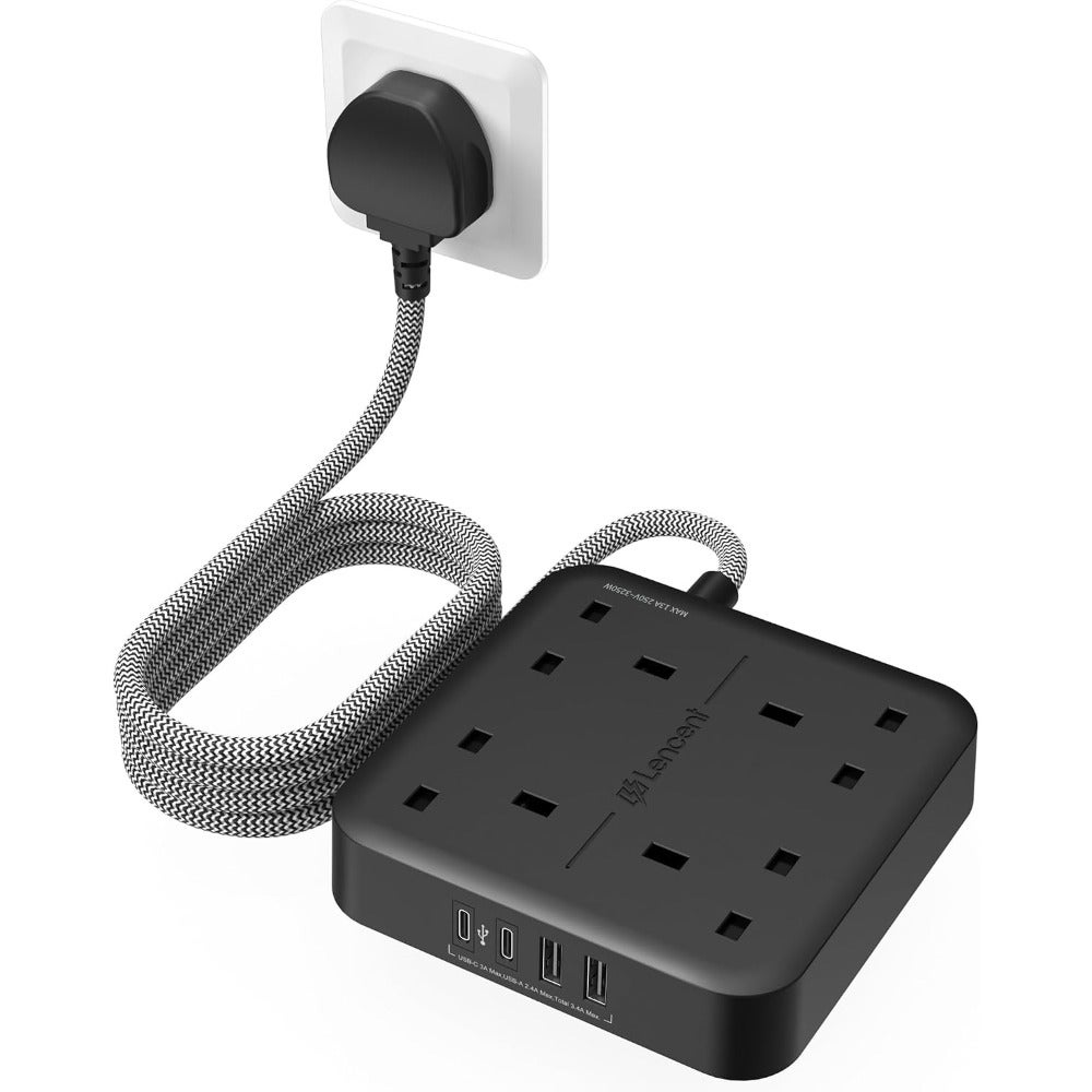 Extension Lead with USB C Port, 4 Way Outlets Power Strip with 4 USB Ports 3.4A, 2 Type C and 2 USB-A Ports Multi Plug Charging with 1.8M Braided Extension cord for Home Office- Black