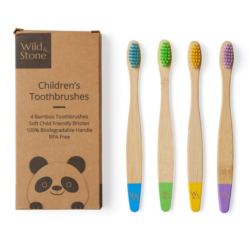 Wild Stone Organic Childrens Bamboo Toothbrush Four Colors Soft Fibre Bristles 100 Biodegradable Handle BPA Free Vegan Eco Friendly Kids Toothbrushes - Image 1