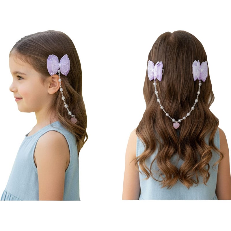 Karp Girls Hair Clips with Tulle Flower Bows and Beaded Chain – 2Pcs Cute Hair Accessories with Heart Charms – Princess Style Hairpins for Kids and Toddlers (Hair Pin (K2524)-Style-2) - Image 1