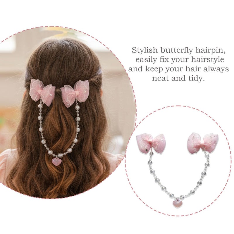Karp Girls Hair Clips with Tulle Flower Bows and Beaded Chain – 2Pcs Cute Hair Accessories with Heart Charms – Princess Style Hairpins for Kids and Toddlers (Hair Pin (K2524)-Style-2) - Image 3