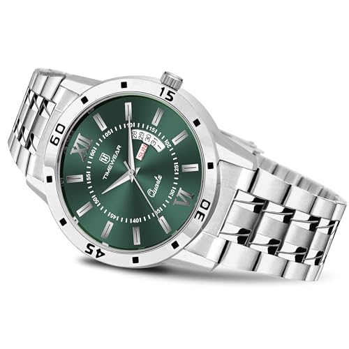 TIMEWEAR Analog Green Dial, Day Date Functioning, Stainless Steel Chain Watch for Men - Image 3