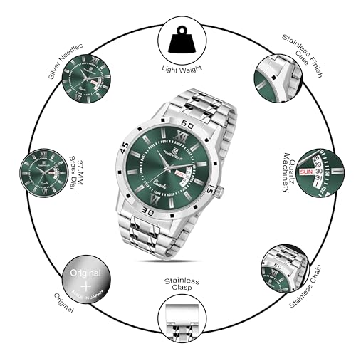 TIMEWEAR Analog Green Dial, Day Date Functioning, Stainless Steel Chain Watch for Men - Image 2