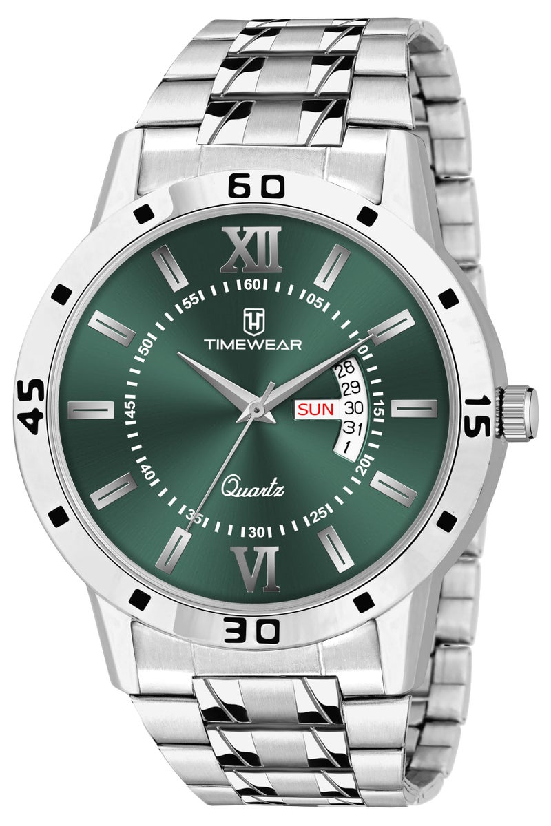 TIMEWEAR Analog Green Dial, Day Date Functioning, Stainless Steel Chain Watch for Men - Image 1