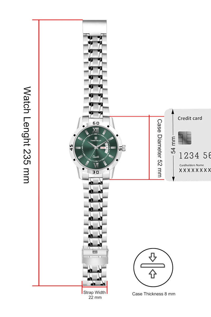 TIMEWEAR Analog Green Dial, Day Date Functioning, Stainless Steel Chain Watch for Men - Image 4