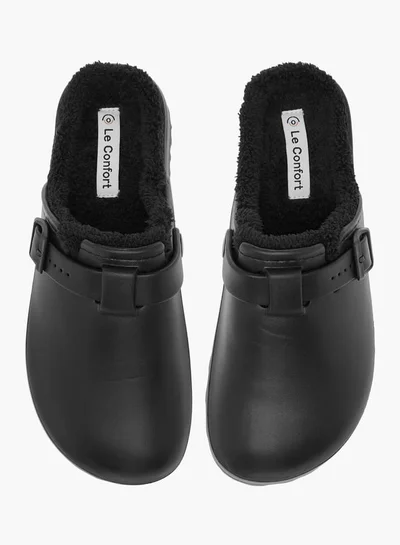 Le Confort Women Solid Bedroom Mules with Fur Accent and Buckle Detail