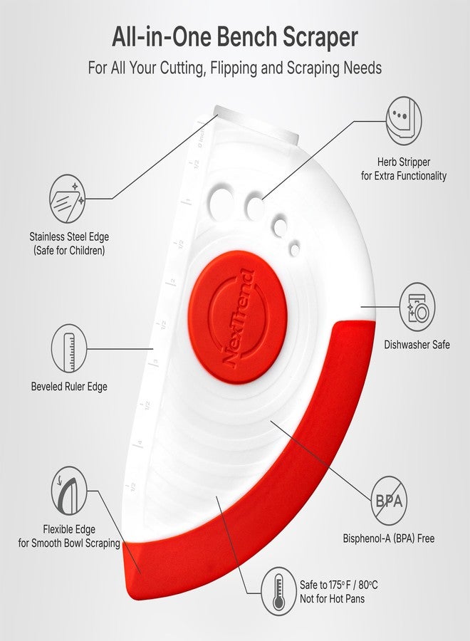 Nextrend BakerScraper - 5-in-1 Flexible Bowl Scraper, Bench Scraper and Dough Scraper with Stainless Steel Edge, Ruler & Herb Stripper - BPA Free, Dishwasher Safe - Red - Image 3