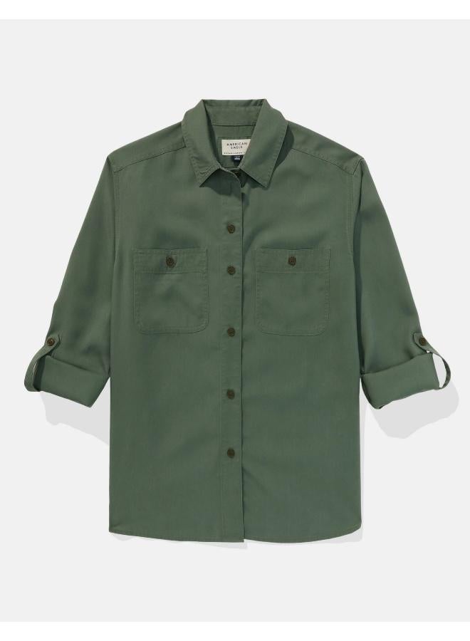 American Eagle AE Bestie Long-Sleeve Button-Up Shirt  - Image 4