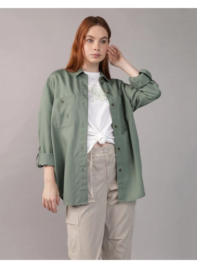 American Eagle AE Bestie Long-Sleeve Button-Up Shirt  - Image 1