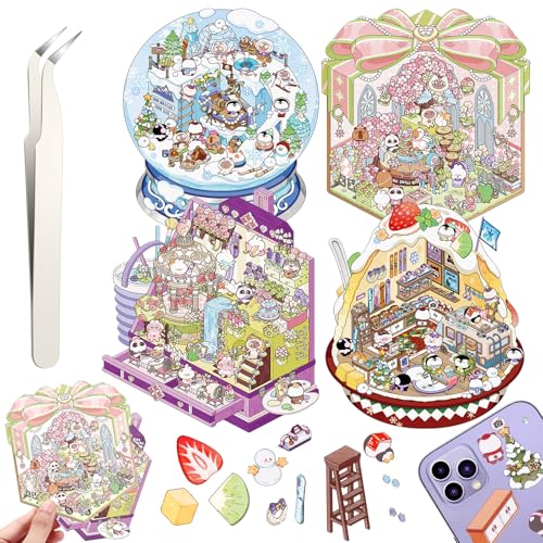 Draupnir DIY 3D House Stickers 4 Set Fun DIY Stickers Scene Make Your Own Snowball Paint Box Gift Box Cake HouseCute 3D Cartoon Scene Sticker for Adult Kids Relief Stress Pass The Time - Image 1