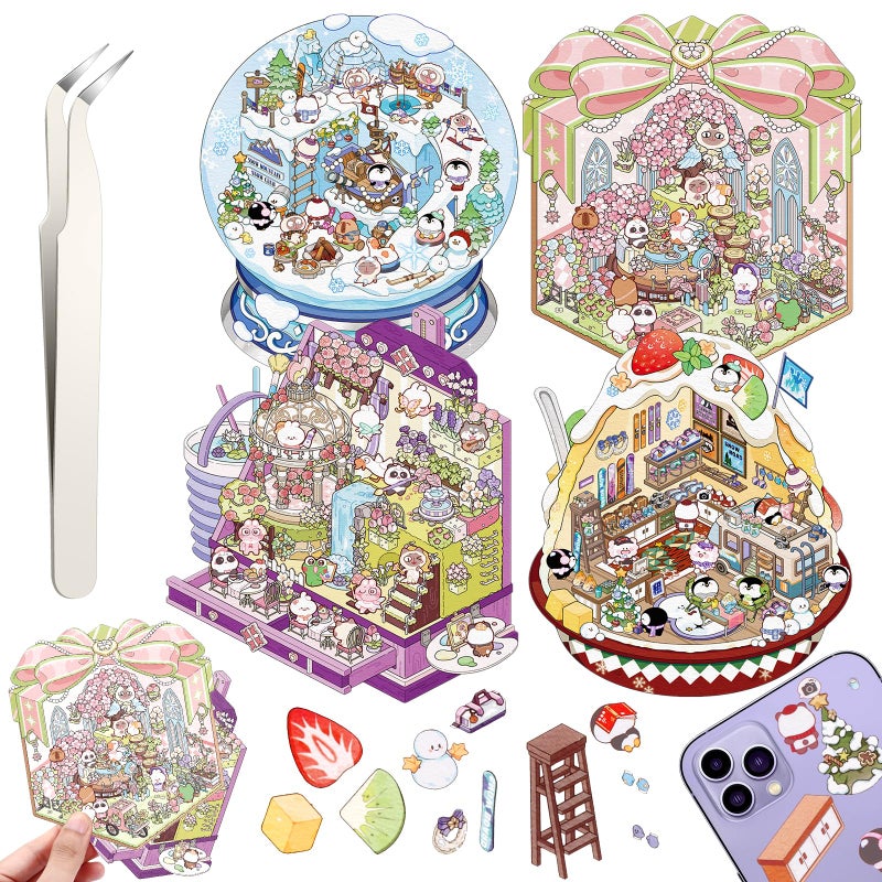 Draupnir DIY 3D House Stickers 4 Set Fun DIY Stickers Scene Make Your Own Snowball Paint Box Gift Box Cake HouseCute 3D Cartoon Scene Sticker for Adult Kids Relief Stress Pass The Time - Image 2