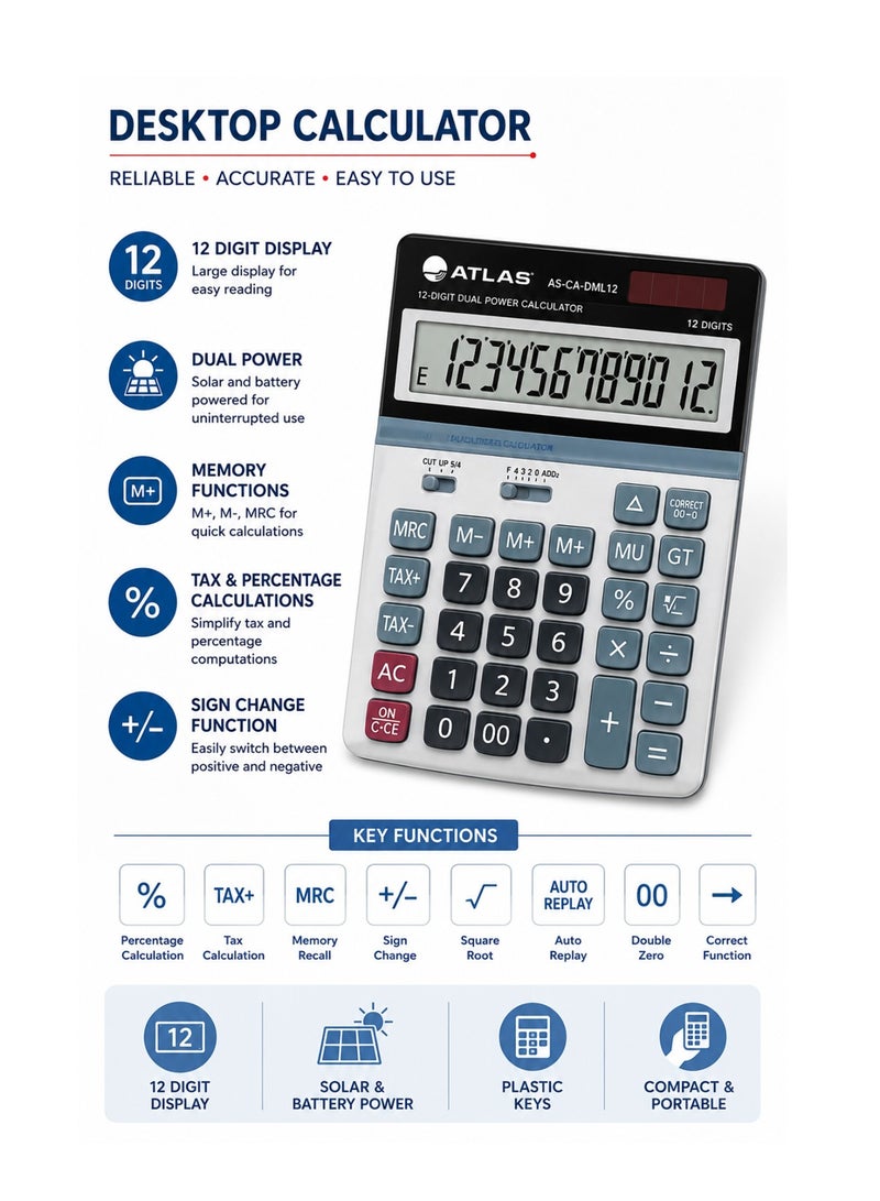 ATLAS Desktop Calculator With 12 Digit Display And Metal Cover - Image 3