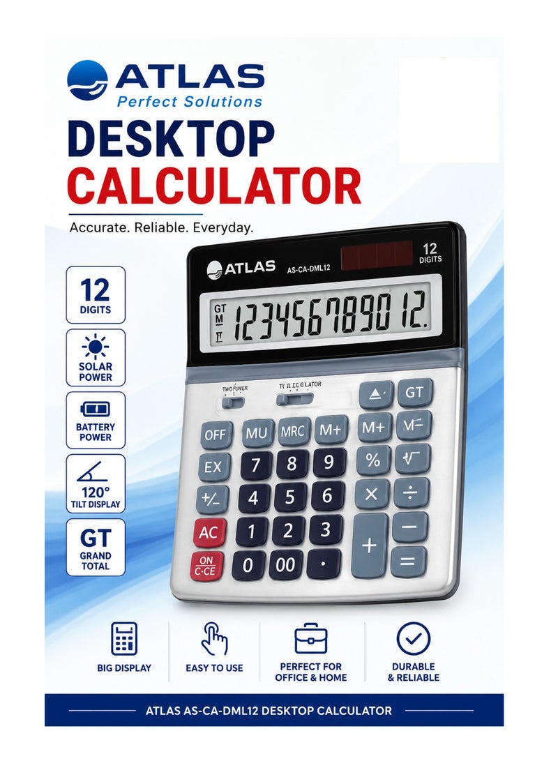 ATLAS Desktop Calculator With 12 Digit Display And Metal Cover - Image 2