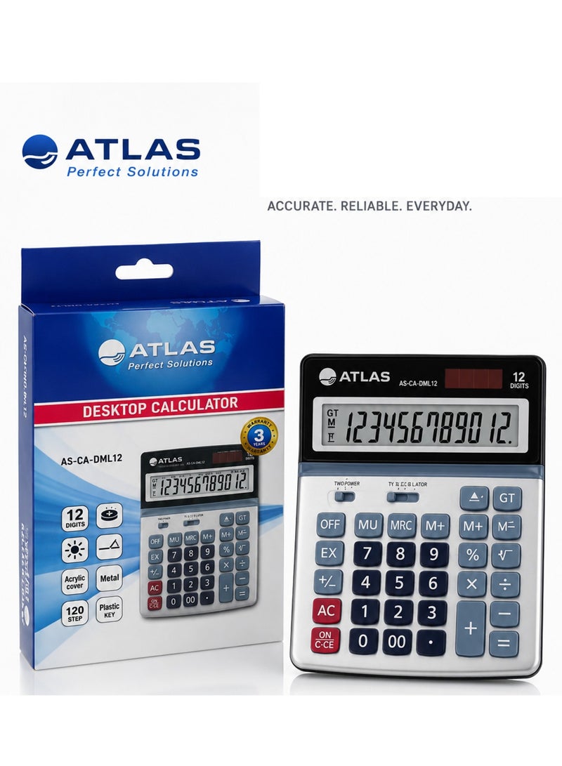 ATLAS Desktop Calculator With 12 Digit Display And Metal Cover - Image 1