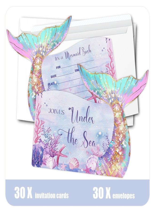 Putocopic 30Pcs Mermaid Girls Birthday Party Invitations, Mermaid Birthday Invitations with Envelopes for Kids Birthday Party, Pool Party, 5 * 7 Inches - Image 2
