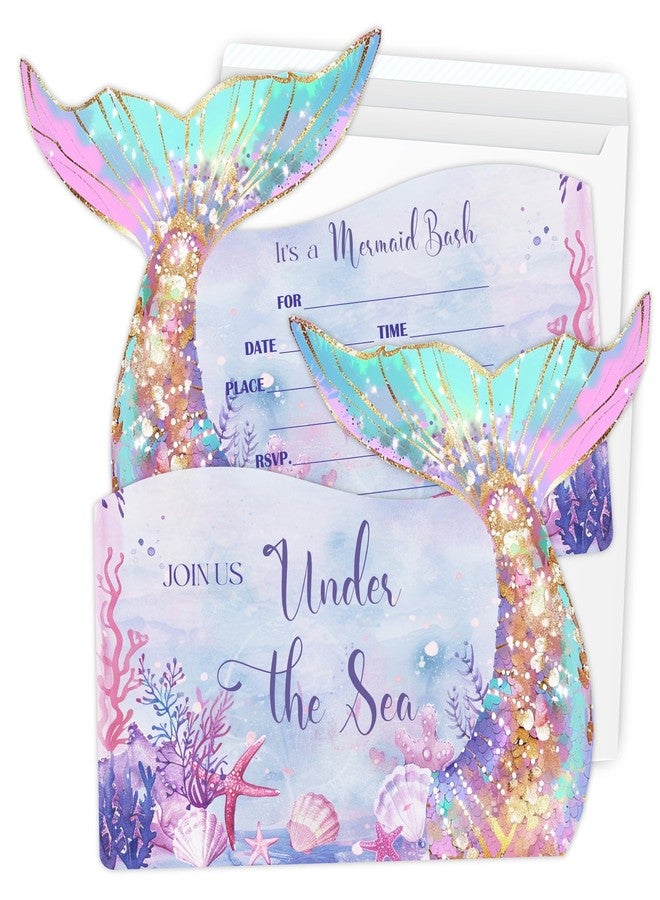 Putocopic 30Pcs Mermaid Girls Birthday Party Invitations, Mermaid Birthday Invitations with Envelopes for Kids Birthday Party, Pool Party, 5 * 7 Inches - Image 1