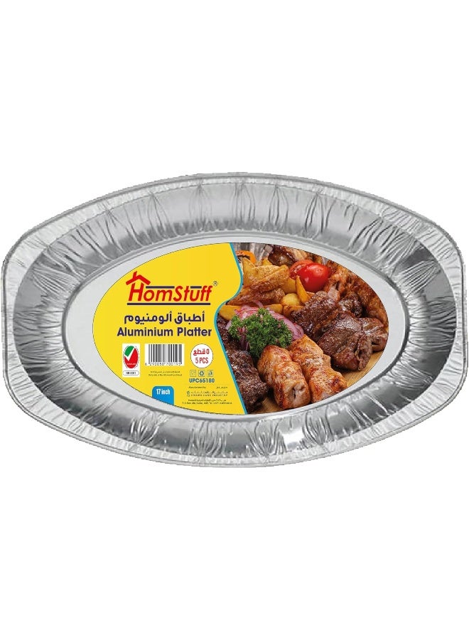 HomStuff Disposable Aluminium Food Serving Platter 65180 (1500 ml), 5 Pieces, Silver