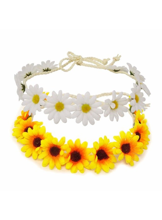 HONBAY 2PCS Fashion Flower Headband Sunflower Hair Wreath Festival Hair Band Bridal Headpiece (yellow+white) - Image 1