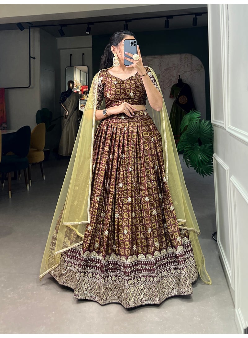 Super Asian Bridesmaids Special Chinnon Lehenga Set – Digital Print with Embroidery Sequins Work & Net Dupatta | Stitched Lehenga + Unstitched Blouse  - Image 4