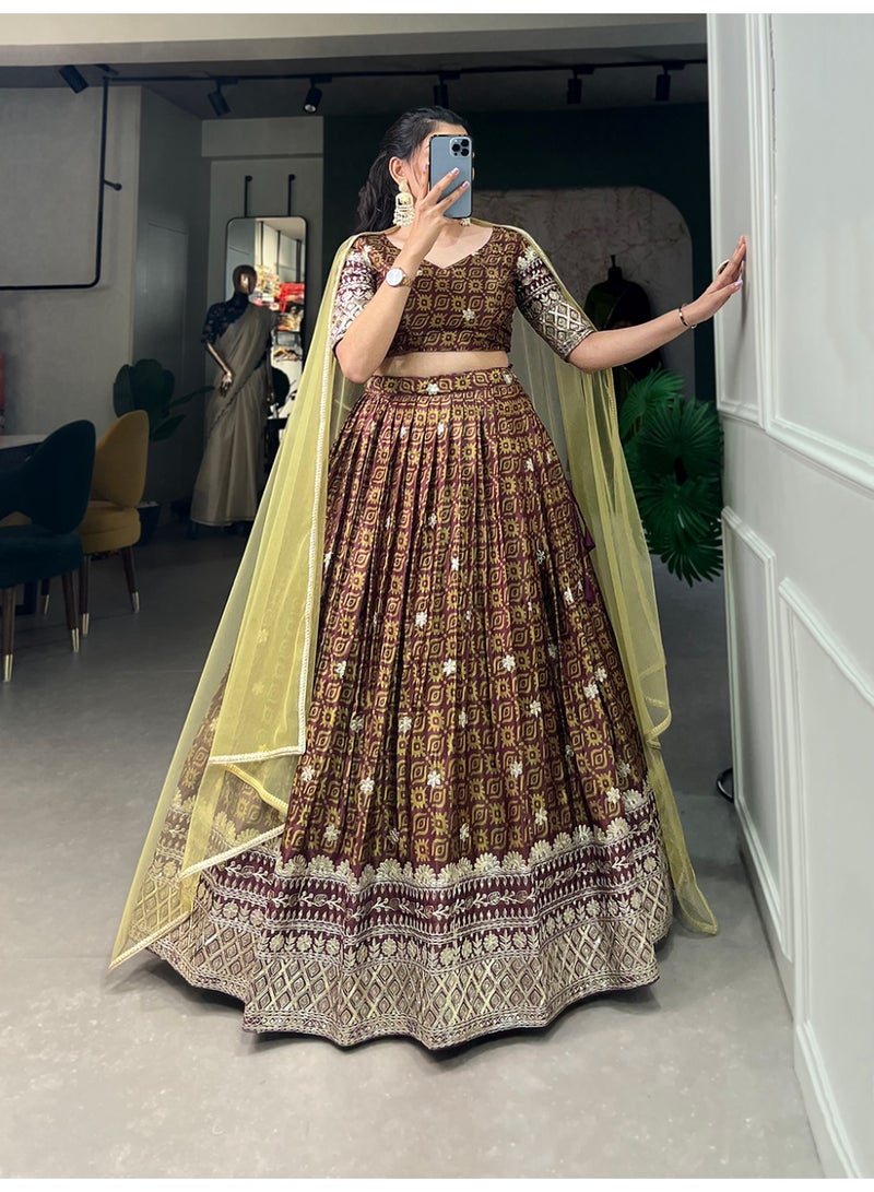 Super Asian Bridesmaids Special Chinnon Lehenga Set – Digital Print with Embroidery Sequins Work & Net Dupatta | Stitched Lehenga + Unstitched Blouse  - Image 5