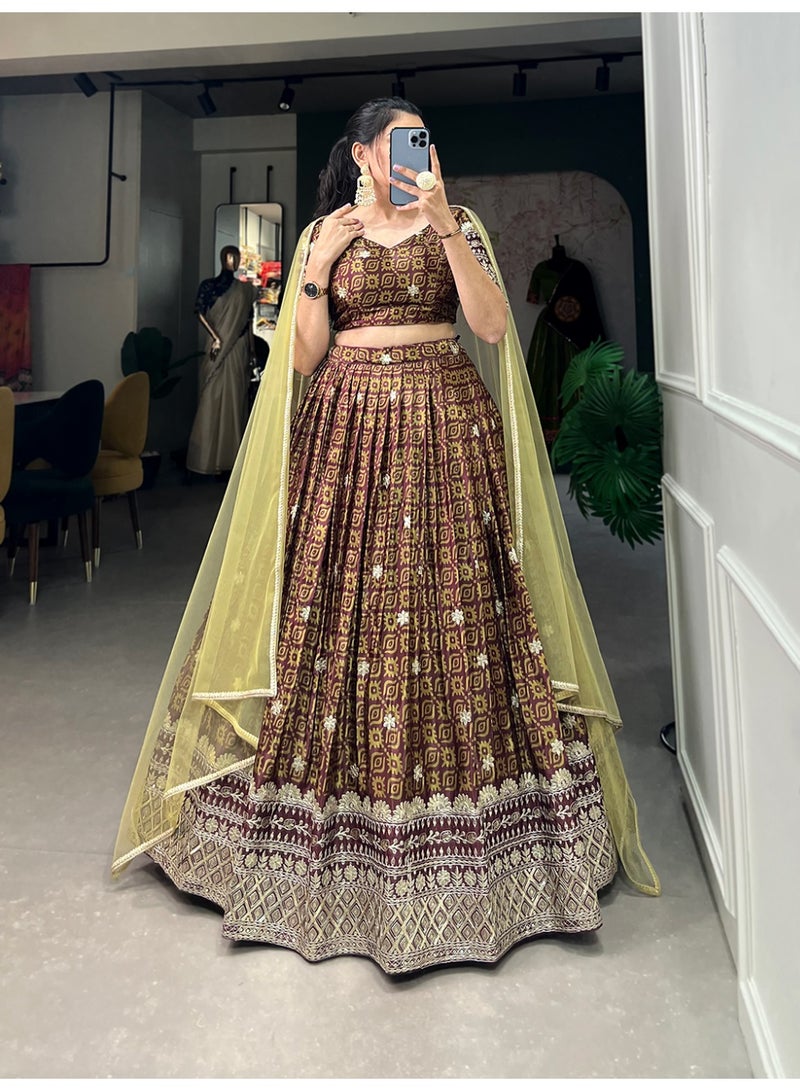 Super Asian Bridesmaids Special Chinnon Lehenga Set – Digital Print with Embroidery Sequins Work & Net Dupatta | Stitched Lehenga + Unstitched Blouse  - Image 1