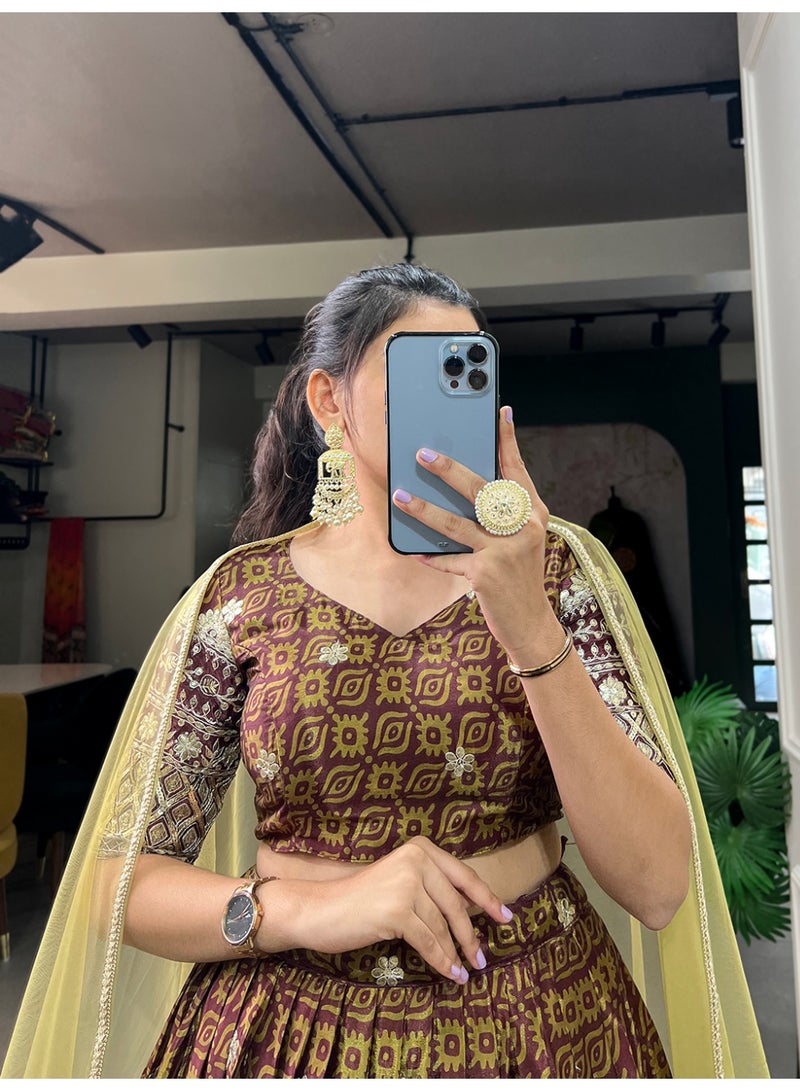 Super Asian Bridesmaids Special Chinnon Lehenga Set – Digital Print with Embroidery Sequins Work & Net Dupatta | Stitched Lehenga + Unstitched Blouse  - Image 3