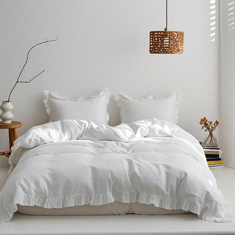 SimpleOpulence 100 Linen Duvet Cover Set 3 PCS Natural French Flax White Ruffle Duvet Cover Queen Size Breathable Comfy Linen Bedding Comforter Cover with 2 Pillowcases White 88 X 92